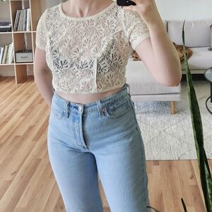 vtg 90s y2k cottage grunge open knit crochet lace boho indie urban crop top tee